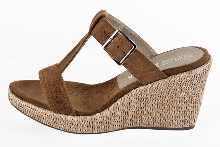 Caramel brown women's fully open mule sandals. Round toe. High wedge soles. Profile view - Florence KOOIJMAN